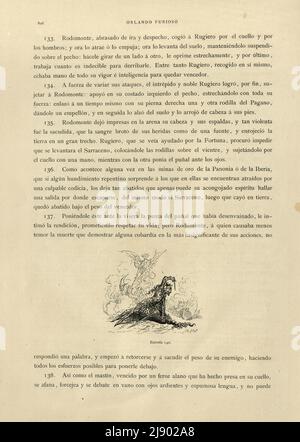 Seite von Orlando Furioso illustriert von Gustave Dore, eine mittelalterliche Ritterromantik, spanischer Text Stockfoto