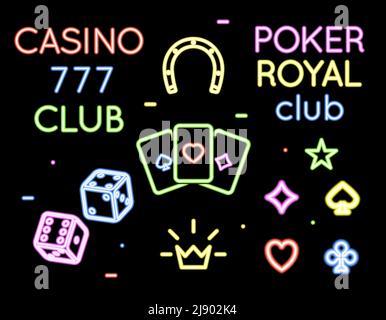 Set von Vektor-Neon-Licht-Logos von Poker-Club und Casino. Glücksspiel und Karte, Spiel und Spiel Illustration Stock Vektor