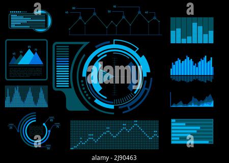 Futuristische blaue Touch-Benutzeroberfläche. System-Display-Bildschirm, Technologie digitale elektronische Dashboard mit Infografik. Vektorgrafik Stock Vektor
