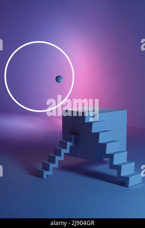 Abstrakte Eckkomposition mit Podium und Treppe, Neonlicht, Kreis und Kugel, 3D Illustration mit geometrischen Formen auf blauem Hintergrund Stockfoto