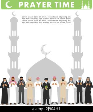 Islamische Menschen stehen mit Perlen in den Händen zusammen und beten. Mufti mit dem koran. Silhouette einer Moschee und Minaretten. Vektorgrafik. Stock Vektor