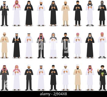 Eine Gruppe von verschiedenen islamischen Menschen, die mit Perlen in den Händen stehen und beten. Mufti mit dem koran. Muslimisches Konzept. Vektorgrafik. Stock Vektor