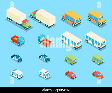 Isometrischer Stadtverkehr 3D Vektorsymbole gesetzt. Transport Auto, Auto und Auto, van und Polizei Illustration Stock Vektor