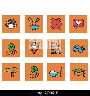 Friseursalon-Icon-Set. Enthalten die Symbole wie Haarschnitt, Reinigung, Friseur, Haartrockner, Haarschneider, Lockenstab und mehr. Vektorgrafik Stock Vektor
