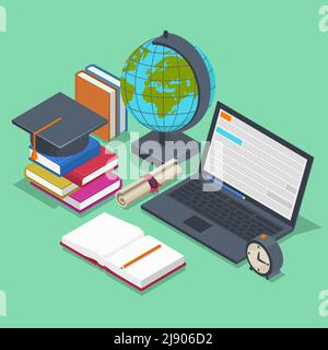 Isometrisches Bildungsvektorkonzept. 3D zurück zur Schule Hintergrund in flachen Stil. Objektstift, Element für Lektion, Buch und Laptop Illustration Stock Vektor