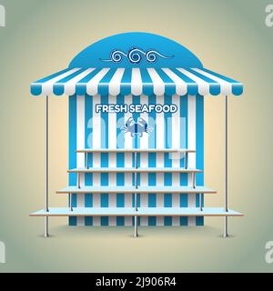 Stand für Meeresfrüchte. Kiosk und Shop, Einzelhandel und Fisch, frische Ernährung. Vektorgrafik Stock Vektor