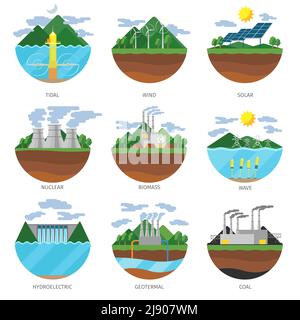 Energiearten der Erzeugung. Vektorsatz für Symbole für Kraftwerkssymbole. Erneuerbare Alternative, Solar und Gezeiten, Wind und geothermal, Biomasse und Wellendarstellung Stock Vektor