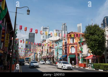 Singapur City, Singapur-08.September 2019: Singapurs Chinatown es ist berühmt für seine farbenfrohen historischen Gebäude, in denen alte chinesische Geschäfte versteckt sind. Stockfoto