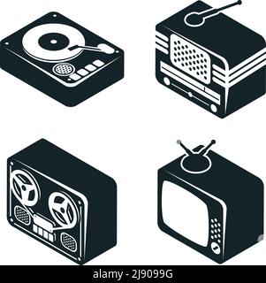 Set mit 3D isometrischen Symbolen von Retro-Mediengeräten in Schwarzweiß auf weißem Hintergrund. Stock Vektor