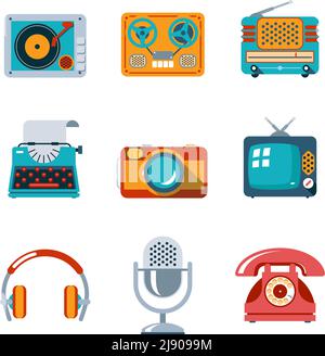 Retro-Mediensymbole im flachen Stil. TV und Mikrofon, Kopfhörer und Schreibmaschine und Radio Stock Vektor
