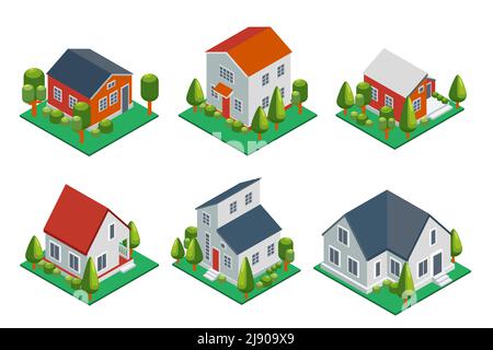 Isometrische 3D Privathaus, ländliche Gebäude und Hütten Ikonen gesetzt. Architektur Immobilien, Immobilien und Haus, Vektor-Illustration Stock Vektor