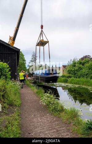 Nach fast 80 Jahren sind die Boote endlich wieder auf dem Shrewsbury & Newport Canal mit dem Start eines Schmalbootes am Kanalbecken in der Shropshire-Stadt Newport. Stockfoto