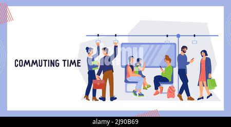 Pendelzeit Website Banner Vorlage mit Menschen in U-Bahn-Zug. Stock Vektor