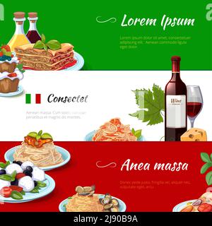 Italienische Lebensmittel horizontale Banner gesetzt. Küche und Pasta, italien, Ernährung Käse Makkaroni, kulinarische traditionelle Kultur, Vektor-Illustration Stock Vektor