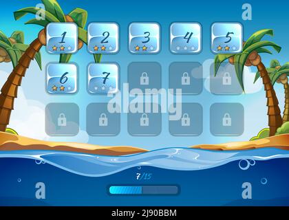 Insel Spiel Hintergrund mit Benutzeroberfläche UI im Cartoon-Stil. App und Hintergrund, Meer und Abenteuer, Wasser und Welle, Spiel und Strand, Vektor-illustrat Stock Vektor