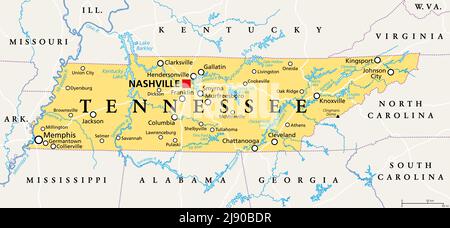 Tennessee, TN, politische Karte, mit Hauptstadt Nashville, größte Städte, Seen und Flüsse. Bundesstaat Tennessee. Binnenstaat im Südosten der USA. Stockfoto