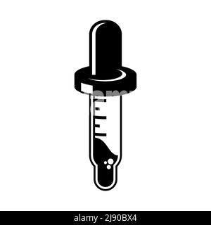 Vorlage für das Dropper-Logo. Pipettensymbol mit Flüssigkeit und Maßeinheiten. Designelement für Laborgeräte. Werkzeug für Chemie und Medizin. Vektor Stock Vektor