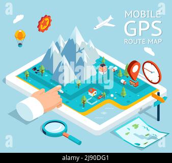 Isometrisches mobiles GPS-Navigationssystem. Flache Karte mit Notation und Markierungen. Vektorgrafik Stock Vektor