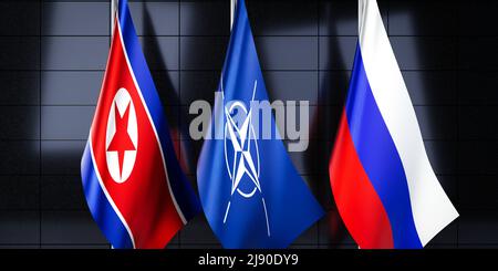 Nordkoreas, NATO und Russlands Flaggen - 3D Abbildung Stockfoto