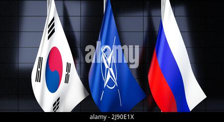 Südkorea, NATO und Russland Flaggen - 3D Abbildung Stockfoto