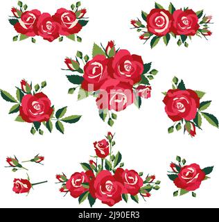 blütenstand oder Blumensträuße von Rosen auf weißem Hintergrund Vektor-Illustration Stock Vektor