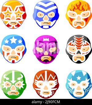 Lucha libre, luchador mexikanische Wrestling Masken Farbe Vektor-Symbole gesetzt. Charakter Gesicht Person, Sportkostüm Symbol Illustration Stock Vektor
