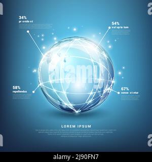 Infografiken zu globalen Netzwerken. Web Earth Technologie, Planet-Karte Kugel, Vektor-Illustration Stock Vektor