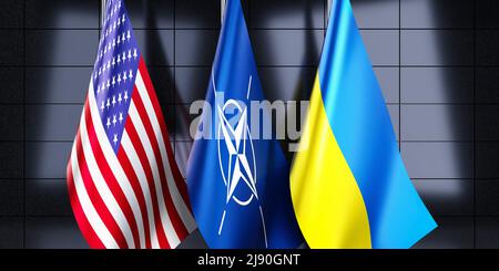 Ukraine, NATO und USA Flaggen - 3D Illustration Stockfoto