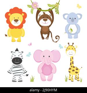 Set von niedlichen Vektor-Cartoon wilde Tiere mit einem Affen Hängt von einem Zweig Löwe rosa Elefant Koala Bär Zebra Und Giraffe geeignet für Kinder illu Stock Vektor