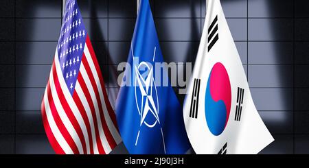 Südkorea, NATO und USA Flaggen - 3D Abbildung Stockfoto