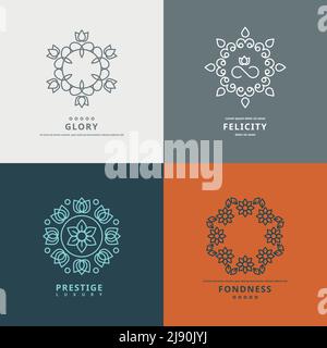 Logos Vorlagen im Stil mit floralen Elementen. Design Blume Symbol, kunstvoll elegante Vektor-Illustration Stock Vektor