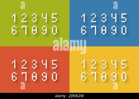 Satz von flachen Pixelzahlen auf vier verschiedenen farbigen Hintergründen Vollständige Null bis neun Vektorgrafik Stock Vektor