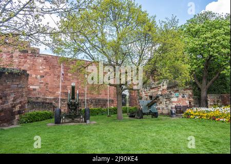 Das Bild zeigt das Außengelände von Shrewsbury Castle und der Festung, die im 11.. Jahrhundert vom englischen König Edward I. erbaut wurde Stockfoto