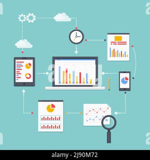 Flaches Vektor-Schema von Web-Analyse-Informationen, Entwicklung und Statistik. Vektorgrafik Stock Vektor