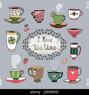 I Love Tea Time zentrale Kartusche mit Blattrahmen Umgeben von einer Vielzahl von Tassen Tee in verschiedenen Formen und Muster handgezeichnete Vektor-illuu Stock Vektor