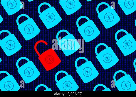 Kaputtes Datensicherheits- oder Datenschutzkonzept. Muster aus geschlossenen Vorhängeschlössern und geöffneten Vorhängeschlössern auf binärem Code-Hintergrund. Hacker-Angriff auf Cyberkriminalität. Vektor-Abb. Stock Vektor