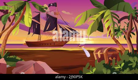 Segelndes Piratenschiff mit schwarzen Fahnen im Meer und Truhe am Ufer. Segelboot aus Holz auf dem Wasser. Sonnenuntergang oder Sonnenaufgang, Morgendämmerung auf dem Meer mit Wolken in der sk Stock Vektor