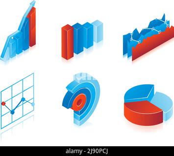 Satz von 3D Vektordiagrammen in blau und rot: Analytische Kreisdiagramme, Diagramme und Balkendiagramme zur Verwendung als Designelemente in inforgraphics Stock Vektor