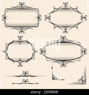 Vier elegante Vektor-Vintage-Rahmen mit Schattierung Detail und Schnörkel Für die Verwendung als dekoratives Element auf Handschriften im Oval Und rechteckiges Format Stock Vektor