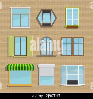 Satz von Symbolen verschiedener Fenstertypen. Baurahmen, Haus und Architektur, Vektorgrafik, Jalousien und Rollläden, Markise und Gezeiten Stock Vektor