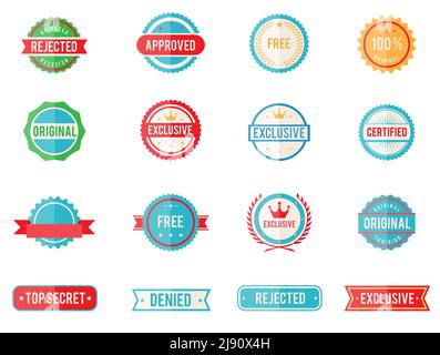 Satz von sechzehn vektorfarbenen Emblemen und Briefmarken in flach Stil Darstellung verweigert genehmigt exklusive Original zertifiziert kostenlos und 100 Prozentgarantie Stock Vektor