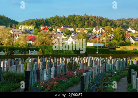 Wetzikon, Schweiz - 14. Mai 2022: Friedhof und die Stadt Wetzikon in der Schweiz zur goldenen Stunde Stockfoto