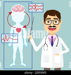 Ärzte sagen. Vektordarstellung des Arztes, der auf ein Diagramm des Blutdrucks und des Kreislaufsystems zwischen Herz und Gehirn mit einer EKG-Aufzeichnung zeigt Stock Vektor