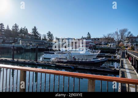 Friday Harbor, WA USA - ca. November 2021: Abgewinkelte Ansicht großer Boote, die an der Marina auf der Insel San Juan angedockt sind. Stockfoto