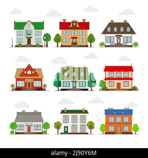 Set von niedlichen Häusern in flachem Stil. Gebäude und Haus, Architektur und Eigentum, Vektorgrafik Stock Vektor