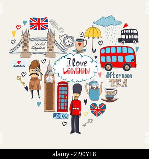 London in My Heart oder I Love London Kartendesign Mit Wahrzeichen Symbole in einer Herzform einschließlich angeordnet beefeater Sherlock Holmes Big Ben Tower Bridge Stock Vektor