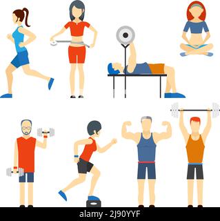 Satz von farbigen Vektorsymbolen von Personen, die am trainieren Fitness-und Fitness-Symbole mit Gewichtheben Bodybuilding Laufen Joggen Yoga und Gewicht los Stock Vektor