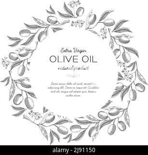 Runde Kranz Skizze Komposition mit schönen Blüten und Informationen in der Mitte über Olivenöl Handzeichnung Vektor-Illustration Stock Vektor