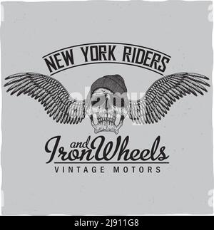 New York Riders Poster mit Totenkopf in Hut und Flügeln Vektorgrafik Stock Vektor