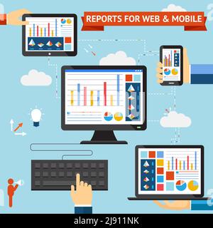 Berichte für Web- und mobile Vektorgrafiken mit farbenfrohen Displays Von Diagrammen Diagramme und Statistiken, die auf den Bildschirmen von angezeigt werden Ein Desktop-Notebook Mobile ph Stock Vektor